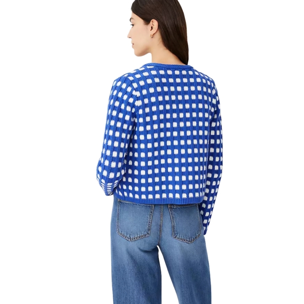Ann Taylor Royal Blue and White Checkered Knit Cardigan - Picture 3 of 9